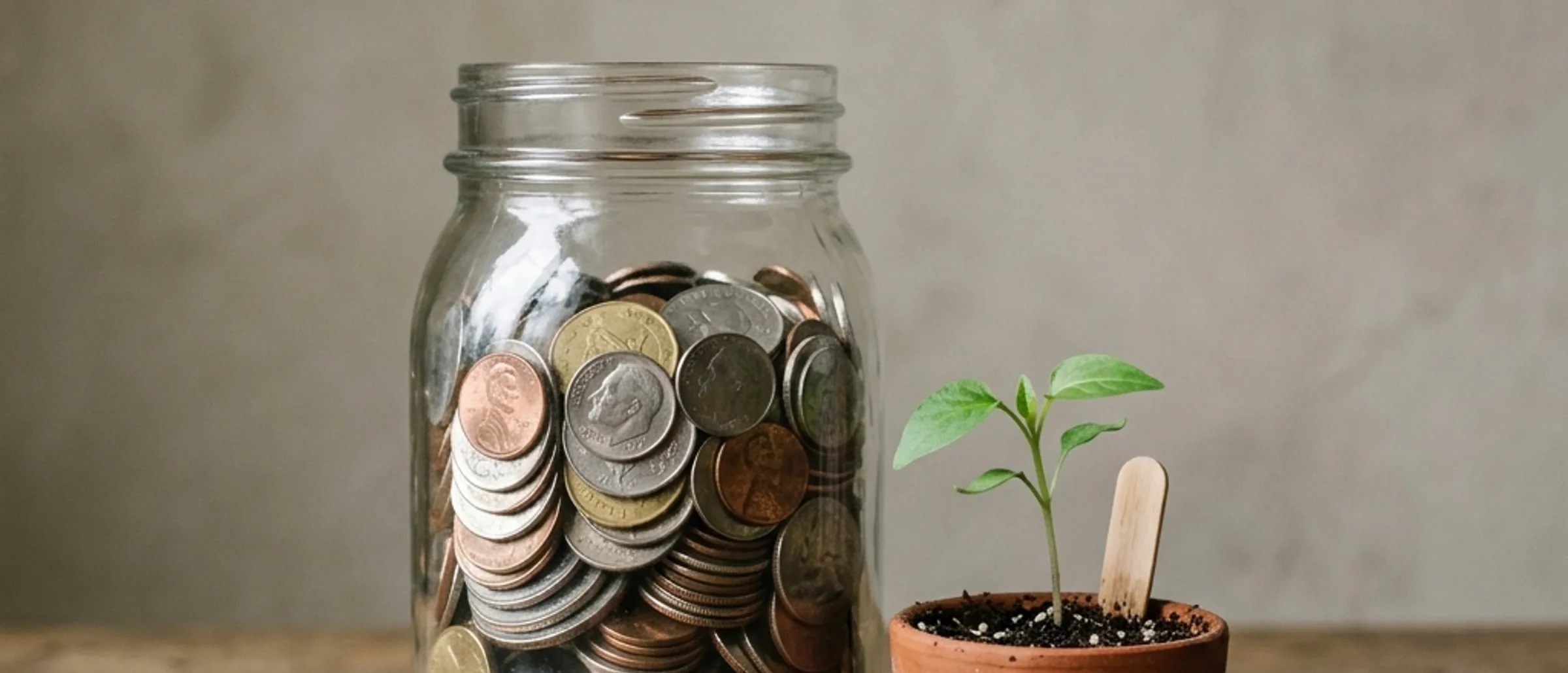 A glass jar of saved coins beside a small green seedling on a sunlit windowsill.